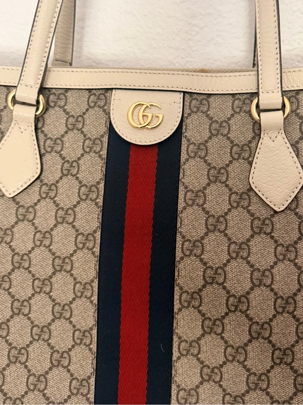 Gucci Ophidia GG Supreme Medium Web Tote Beige Canvas Ivory Leather Authentic